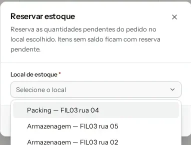 Janela Reservar estoque com a lista de locais de estoque
