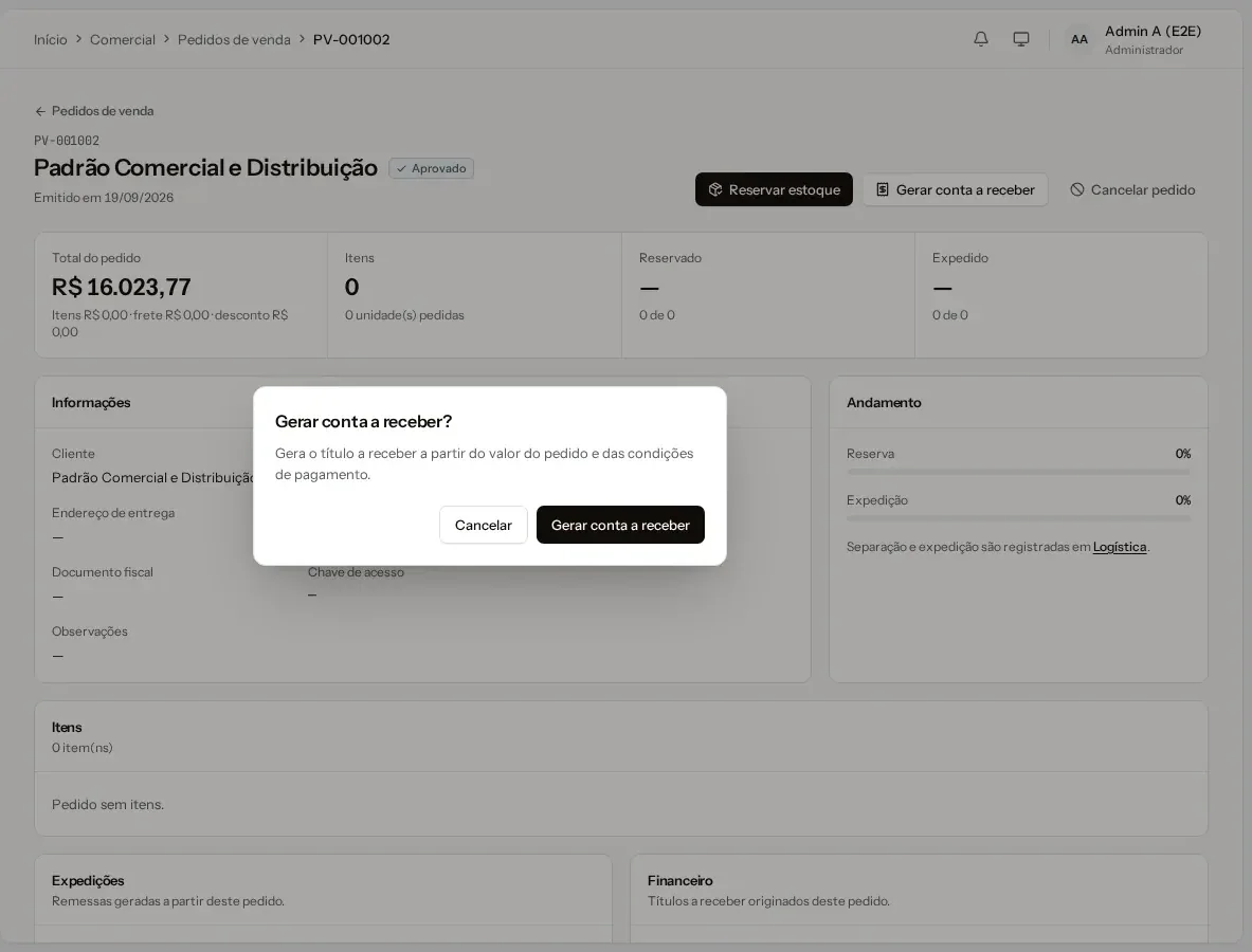 Gerar conta a receber cria o título a partir do valor e das condições de pagamento do pedido. A venda chega ao Financeiro.