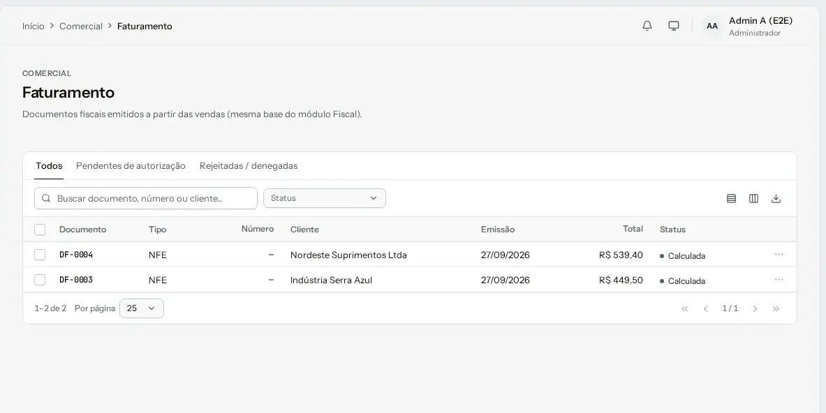 Faturamento com documentos fiscais das vendas