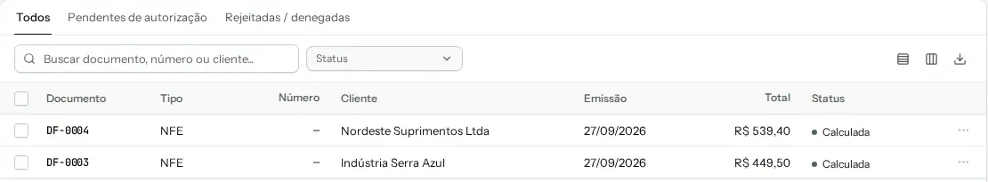 Faturamento com os documentos DF-0004 e DF-0003, status Calculada